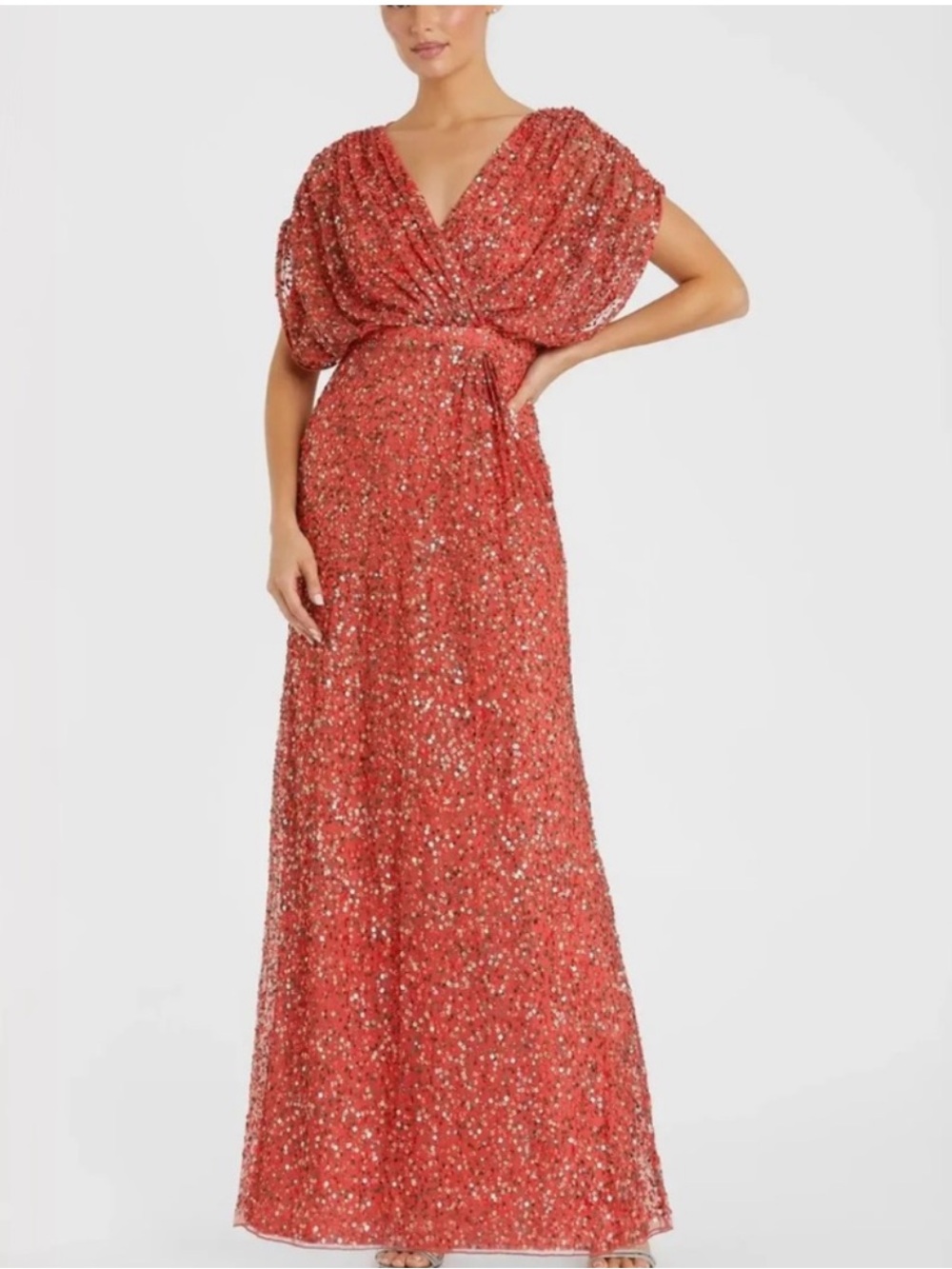 Elegant Sequin Coral V-Neck Evening Gown - Picture 3 of 5